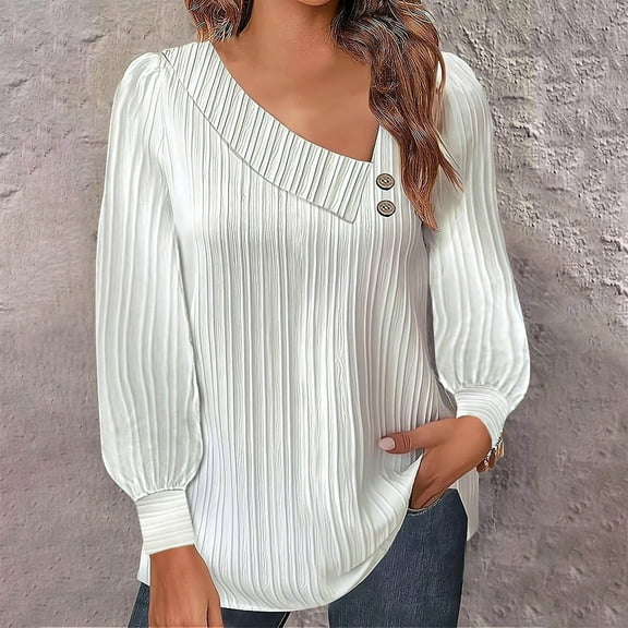 AXXD Womens Blouses Dressy Casual White Basic Summer 2024 Casual Shirt Solid Long Sleeve Solid V-Neck BUttons Pullover Blouse Tops