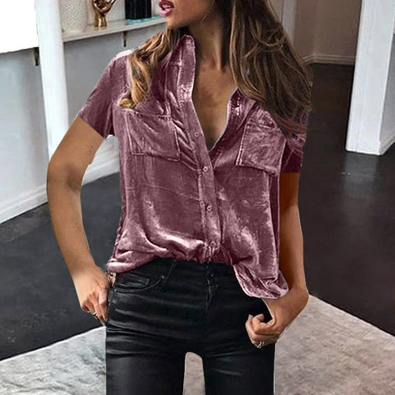 AXXD Womens Blouses Purple Basic Summer 2024 Ladies Solid Button Collar Tops Loose Tops Casual T-Shirts Short Sleeve Blouse