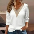 thumbnail image 1 of AXXD Womens Blouses White Basic Summer 2024 Lace Solid Color Pullover V-Neck Long Sleeve T-Shirt Top, 1 of 6