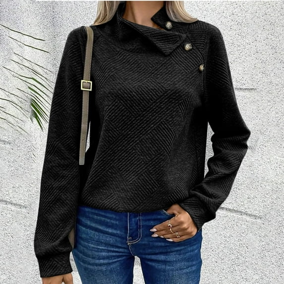 AXXD Womens Blouses for Work Professional Black Basic Summer 2024 Turtle Necks Trendy Pullover Button Tops Long Sleeve Comfortable Blouse Sweatshirt
