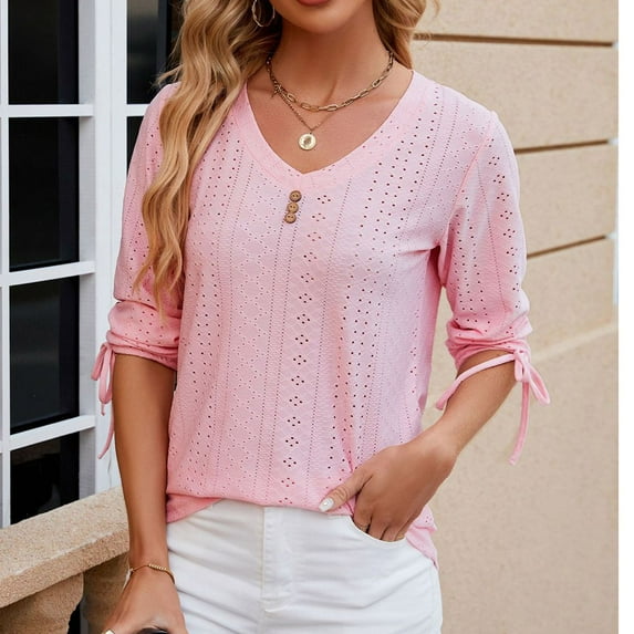 AXXD Womens Blouses for Work Professional Pink Basic 2024 Lace Summer Solid V-neck Bubble Short Sleeve Solid T-shirt Top