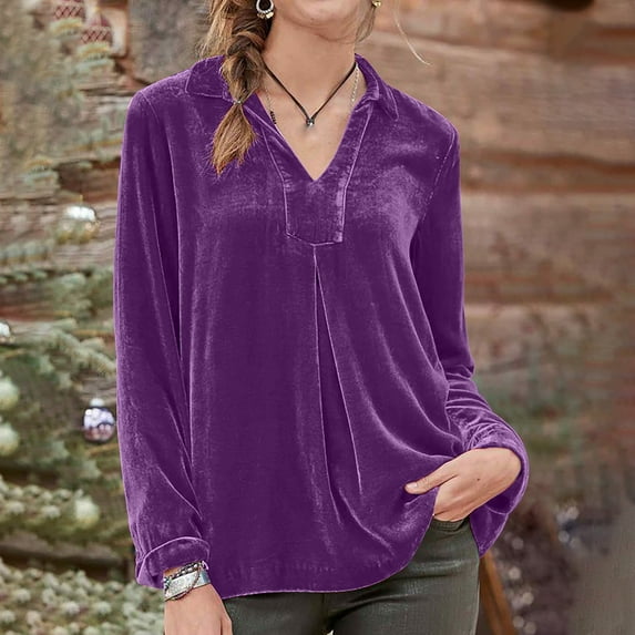 AXXD Womens Business Casual Tops Purple Basic Summer 2024 Trendy Casual Long Sleeve Turndown Collar Loose Shirt Blouse Tops