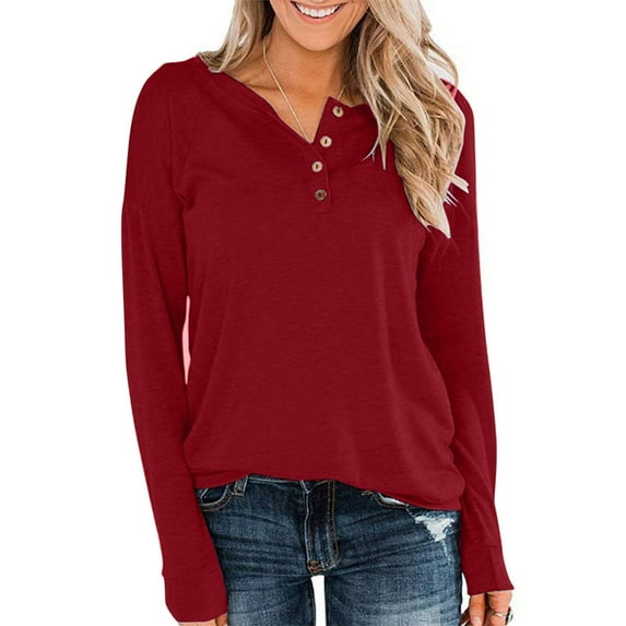 AXXD Womens Business Casual Tops Red Plus Size Summer 2024 Loose V Neck Buttons Casual Long Sleeve Pullover Sweatshirts Tops
