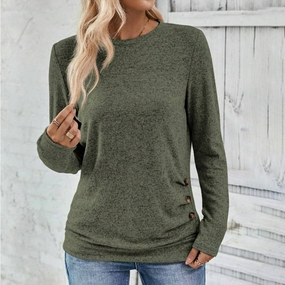 AXXD Womens Casual Tops Basic Summer 2024 Loose Trendy Button Round-Neck Long Sleeve Casual T-shirt Top Solid Blouse