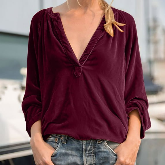 AXXD Womens Casual Tops Basic Summer 2024 Trendy Casual Long Sleeve V Neck Loose Shirt Blouse Tops