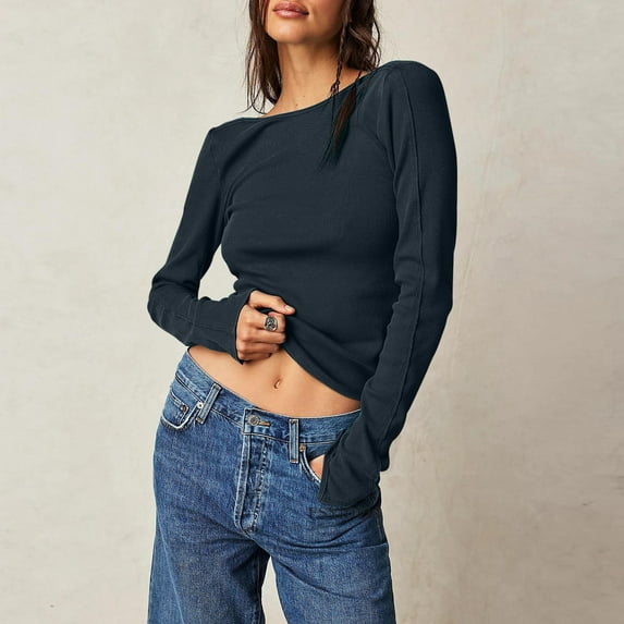 AXXD Womens Casual Tops Gray Basic Summer 2024 Solid Color Sexy Solid Color Long Sleeved Round Neck Leaky Back Threaded T-shirt Backless Top