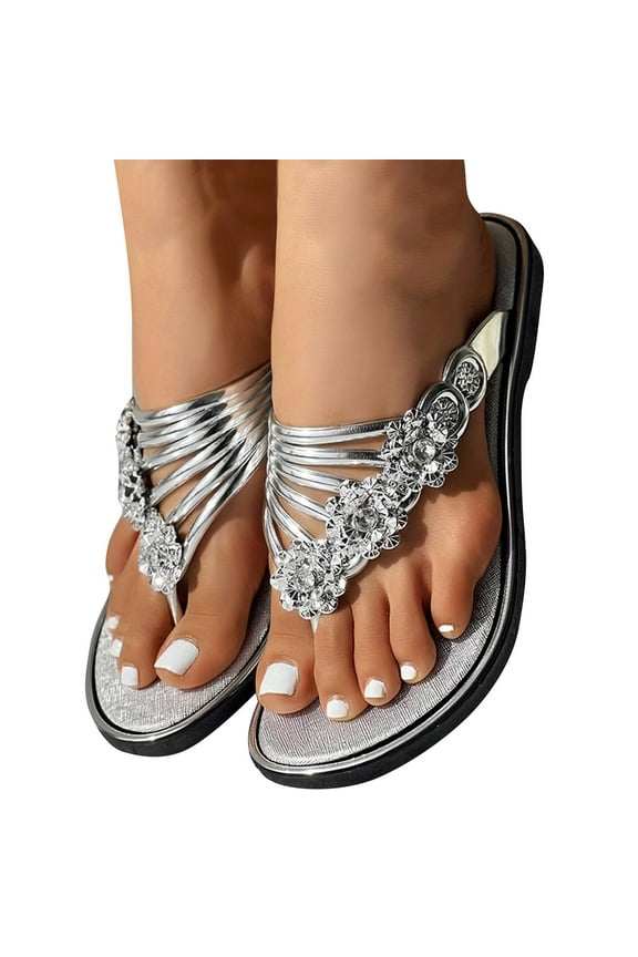 Womens Comfortable Sandals Silver Flat Flip Flop Summer Mothers Day