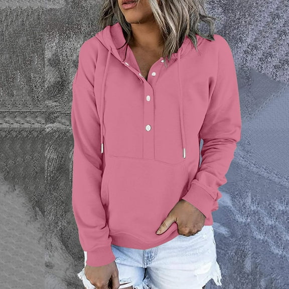 AXXD Womens Hooded Sweatshirts,New Hoodies,Womens Pullover Sweatshirt,Henley,Long Sleeve,Deep Pocket,Pink,S( US:4)