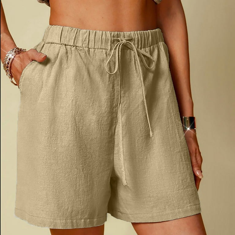 AXXD Womens Jean Shorts,Cotton Linen Shorts Solid Color Comfortable Elastic  Wide Leg Shorts Gym Shorts Women Seamless Khaki 8 