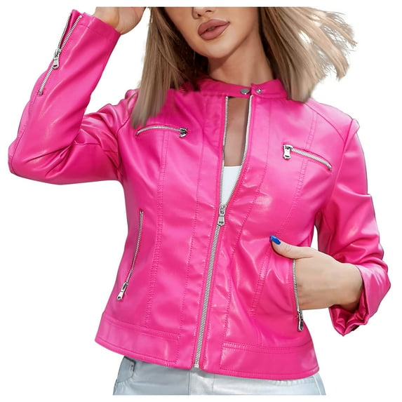 AXXD Womens Leather Jackets Faux Leather Long Sleeve Style Suit Women Outfits Coat Jacket Pink Size XL(US:10)