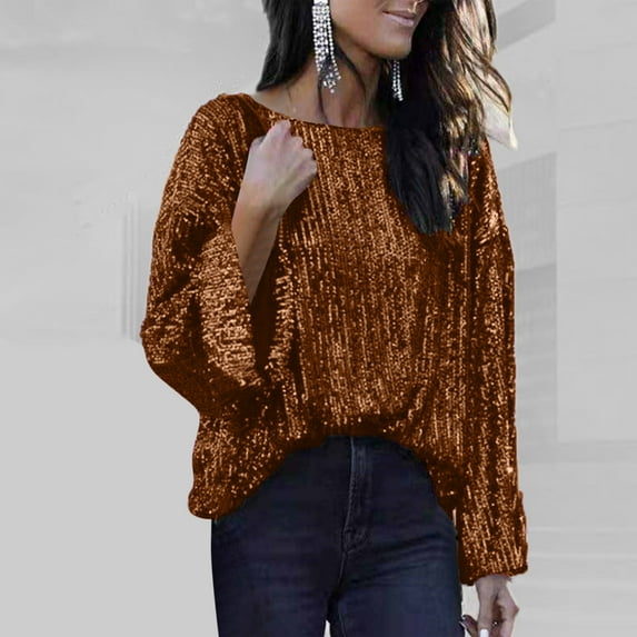 AXXD Womens Oversized Tee Shirts Basic Summer 2024 Sequin Trendy Loose T-shirt Sleeves Blouse Round Neck Casual Tops