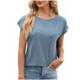 thumbnail image 1 of AXXD Womens Oversized Tee Shirts Blue Basic 2024 Lace Summer Solid V-neck Bubble Short Sleeve Solid T-shirt Top, 1 of 2