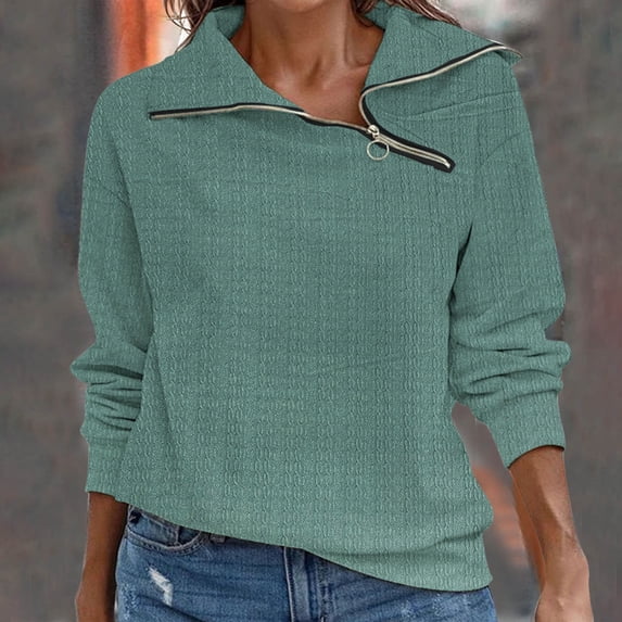 AXXD Womens Oversized Tee Shirts Green Basic 2024 Spring New Retro Casual Neck Zipper Solid Color Sweater Plaid Pullover Sweater Top