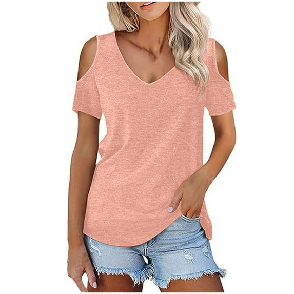 AXXD Womens Oversized Tee Shirts Pink Basic Summer 2024 Casual Solid Short Sleeve Cold Shoulder Stitching Round Neck Pullover Blouse T-shirt Tops