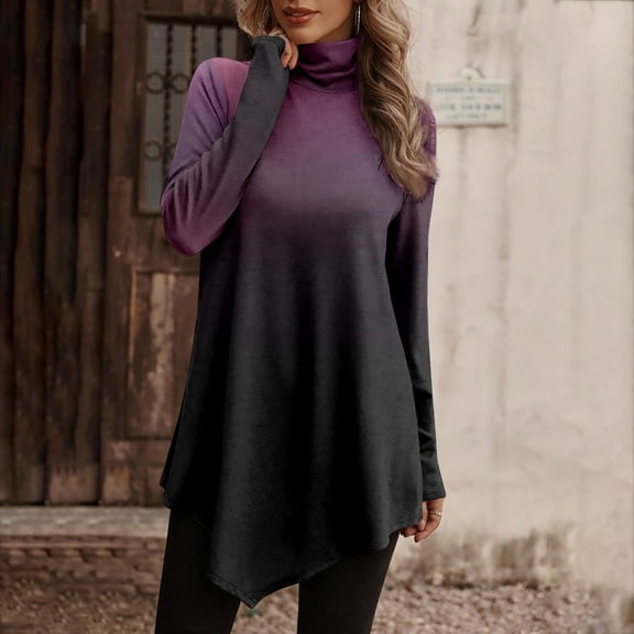 AXXD Womens Oversized Tee Shirts Purple Basic Summer 2024 Temperament Solid Color Long Sleeved Round Neck Irregular Long Sleeved T-shirt