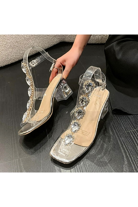 Womens Sandals 2024 Silver Summer Trendy Rhinestone Elegantes Chunky Mothers Day