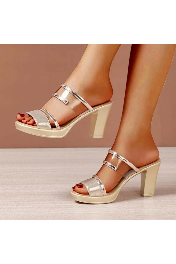 Womens Sandals 2024 Summer Gold Leather Trendy High Heel Chunky Mothers Day