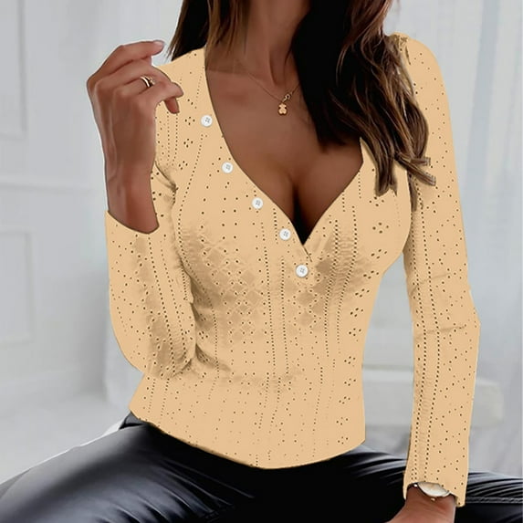 AXXD Womens Sexy Tops Basic Summer 2024 Solid Color V-neck Long Sleeve Casual Knit Top Long Sleeve V-neck Top/Shirt Blouse