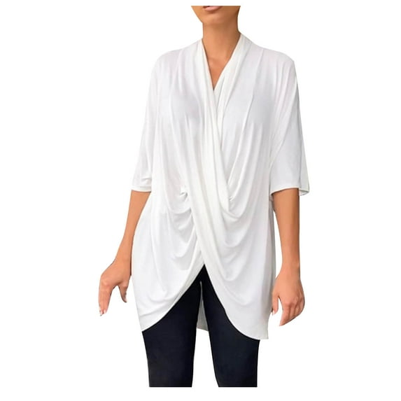 AXXD Womens Sexy Tops White Basic 2024 Oversized Summer Trendy Solid Color Short Sleeve Round Neck Loose Casual Top