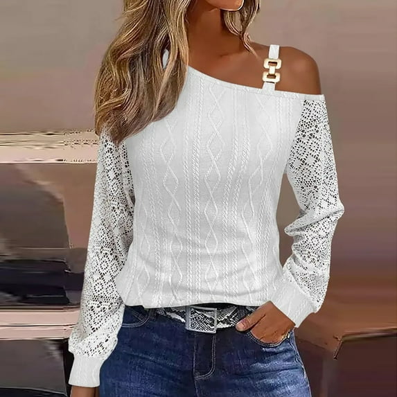 AXXD Womens Sexy Tops White Basic Summer 2024 Trendy Casual One Shoulder Drop Shoulder Pullover Long Sleeve Top