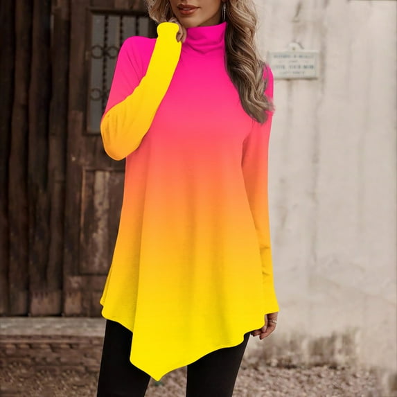 AXXD Womens Shirts Casual Basic Summer 2024 Temperament Solid Color Long Sleeved Round Neck Irregular Long Sleeved T-shirt