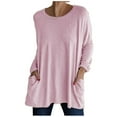 thumbnail image 1 of AXXD Womens Shirts Casual Pink Basic 2024 Spring And Fall New Round Neck Long Sleeve Loose Pocket Solid Casual Top, 1 of 4