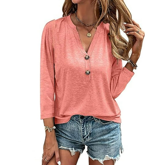 AXXD Womens Shirts Casual Pink Basic Summer 2024 V-Neck Button Casual Solid Color Long Sleeve T-shirt Top Long Sleeve V-Neck Shirt Blouse