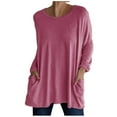 thumbnail image 1 of AXXD Womens Shirts Casual Plus Size 2024 Spring And Fall New Round Neck Long Sleeve Loose Pocket Solid Casual Top, 1 of 4