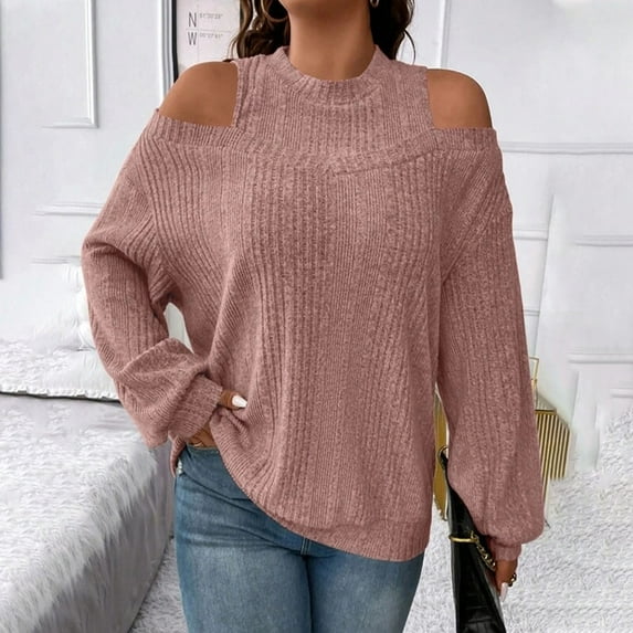 AXXD Womens Shirts Trendy Pink Basic Summer 2024 Loose Off Shoulder Round Neck Pullover Long Sleeve Comfortable Shirt