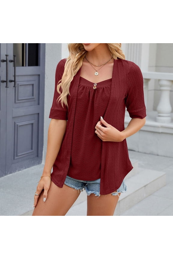 Womens Shirts Trendy Red Basic 2024 Lace Summer Solid V-neck Bubble Short Sleeve Solid T-shirt Top