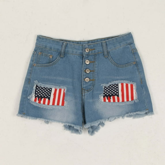 AXXD Womens Shorts Summer Blue Solid Color Independence Day Print Hole Jeans Denim Shorts Mother's Day
