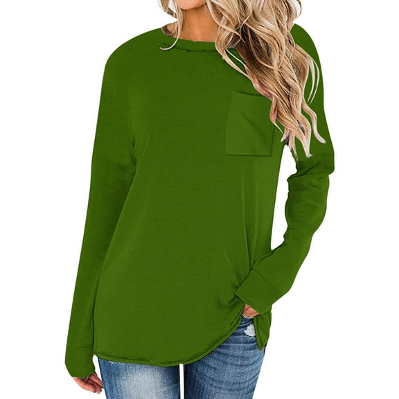 AXXD Womens Summer Tops Green Basic 2024 Trendy Casual Solid Drop Shoulder Long Sleeve Raglan Sleeve Tops Round Neck Loose Shirt With Poket