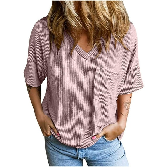 AXXD Womens Summer Tops Pink Basic 2024 Solid Trendy Short Sleeve Shirts Oversized Knitted Tops Sexy V Neck Blouses For Loose Casual Top