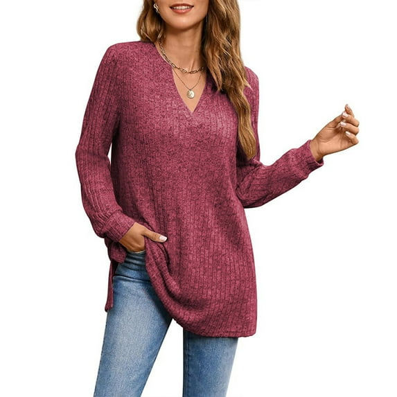 AXXD Womens Summer Tops Red Basic 2024 Loose Casual Solid V-neck Side Slit With Pockets Long Sleeved Top