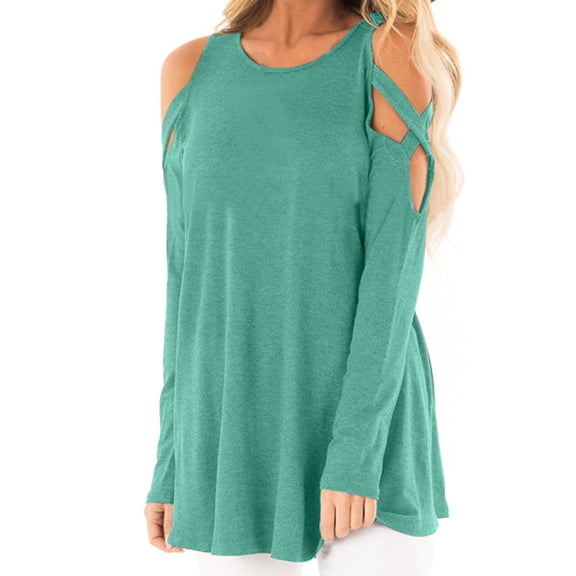 AXXD Womens Sweatshirts Trendy Green Basic Summer 2024 Temperament Solid Color Long Sleeved Off Shoulder Hollowed Out Top
