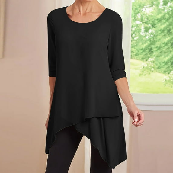 AXXD Womens T Shirts Black Basic Summer 2024 Solid Color Long Sleeved Round Neck Irregular T-shirt Top