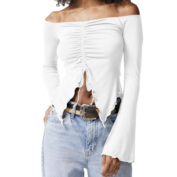 AXXD Womens T Shirts White 2024 Solid Color Knitted Base Two-piece Top With Wooden Ear Flared Sleeves Sexy Off The Shoulder Long Sleeved T-shirt Top