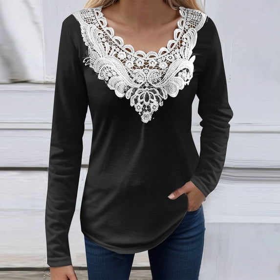 AXXD Womens Tops Black Basic Summer 2024 Lace Solid Color Pullover V-Neck Long Sleeve T-Shirt Top