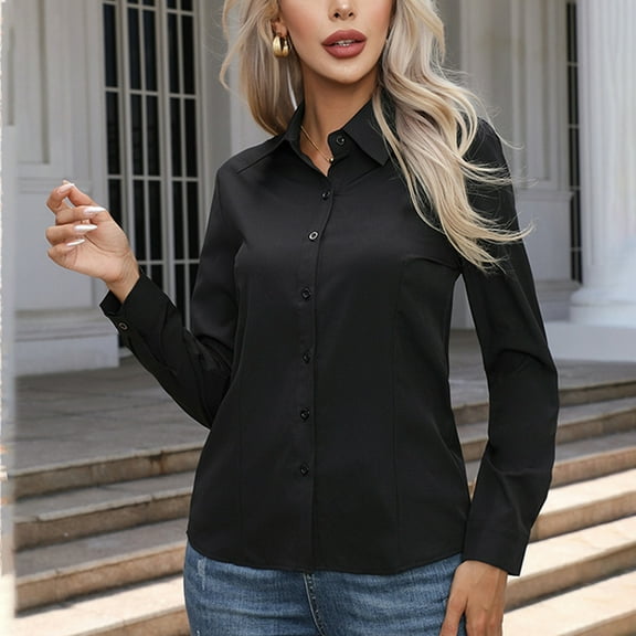 AXXD Womens Tops Black Basic Summer 2024 Loose Trendy Solid T-shirt Long Sleeves Blouse V-Neck Casual Tops