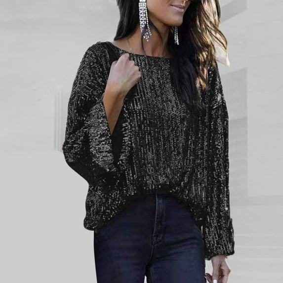 AXXD Womens Tops Black Basic Summer 2024 Sequin Trendy Loose T-shirt Sleeves Blouse Round Neck Casual Tops