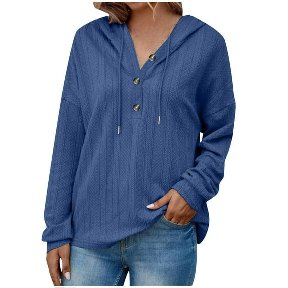 AXXD Womens Tops Dressy Casual Blue Basic Summer 2024 Loose Casual Solid Color Hooded Long Sleeved Sweater For Women