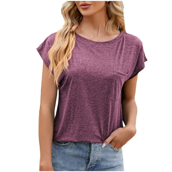 AXXD Womens Tops Dressy Casual Purple Basic 2024 Lace Summer Solid V-neck Bubble Short Sleeve Solid T-shirt Top