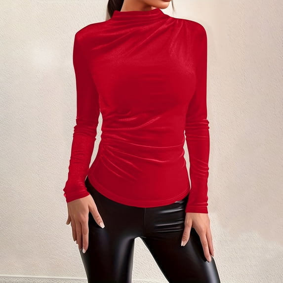 AXXD Womens Tops Dressy Casual Red Turtle Necks Solid Gold Velvet Slim Half High Collar Base Sweater Versatile For Wearing On The Outside Long Sleeved T-shirt Top