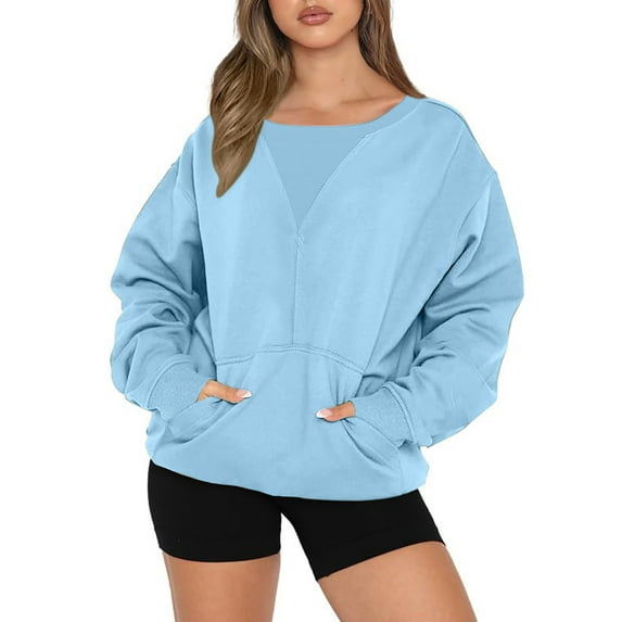AXXD Womens Tops Dressy Casual Tunic Basic Summer 2024 Long Sleeves Casual Shirts Color Round Neck Pokets Sweatshirt Pullover Loose Tunic Tops