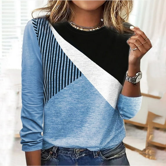 AXXD Womens Tops Girls Ladies Spring Long Sleeve White Blouse For Women Daily Geometric Pullover O-Neck Sweatshirts For Clearence