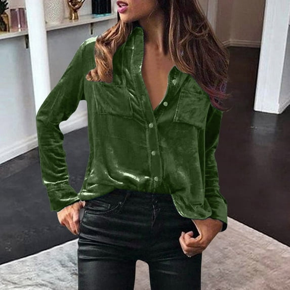 AXXD Womens Tops Green Basic Summer 2024 Ladies Deep V Neck Solid Button Collar Loose Tops Casual T-Shirts Long Sleeve Blouse