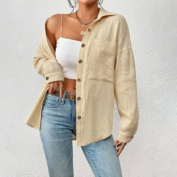 AXXD Womens Tops Trendy Basic Summer 2024 Casual Long Sleeve Pocket Turndown Collar Button Shirt Tops