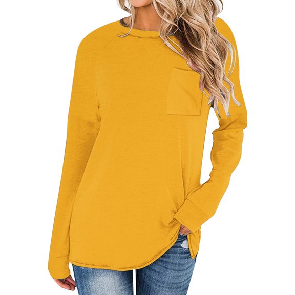 AXXD Womens Tops Trendy Basic Summer 2024 Casual Solid Drop Shoulder Long Sleeve Raglan Sleeve Tops Round Neck Loose Shirt With Poket