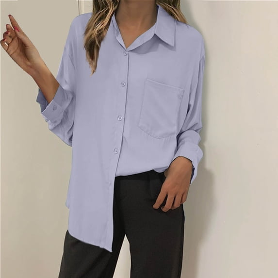 AXXD Womens Tops Trendy Gray Basic Summer 2024 Solid Color Lapel Casual Long-Sleeved Pocket Shirt