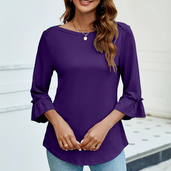 AXXD Womens Tops Trendy Purple Basic Summer 2024 Short Sleeves 3/4 Sleeves Casual Tops Pullover Blouse T-shirt